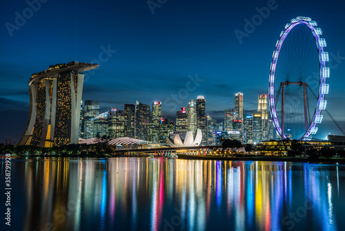 Panorama of Singapore Skyline at Night from Marina Bay East Garden