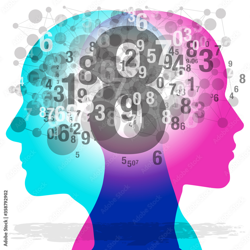 A side view of a blue male and pink female adult figure outline overlapping a collection of graphic numerals and linked network elements.