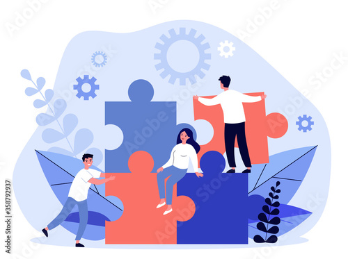 Business team constructing jigsaw solution. People connecting big pieces of puzzle. illustration for community, merger, discovery, teamwork concept