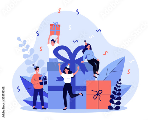 Happy friends celebrating birthday with present boxes. People giving gifts in party surprise. illustration for Christmas, festive event, holiday concept