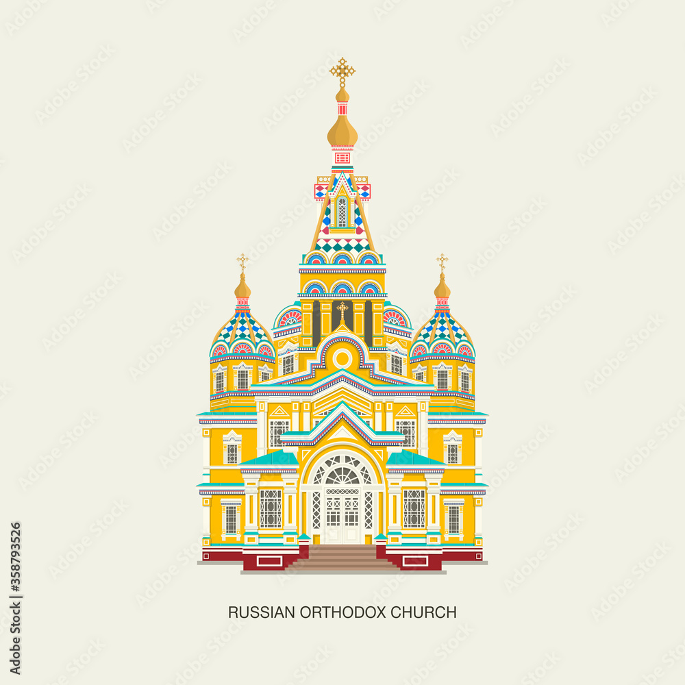 The old Russian Orthodox Church building template. Flat vector illustration. 