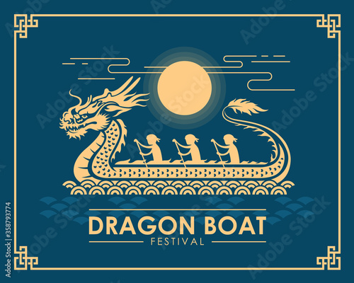 Dragon boat festival banner - yellow gold dragon boat with waterman sign and sun Fototapet