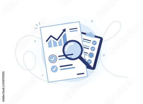 Vector illustration of a document with a sales schedule. Statistics, rise. Report sheet. A tablet with the work done. Page, to do list. Profit analysis. Magnifier. Check mark. Blue. Eps 10
