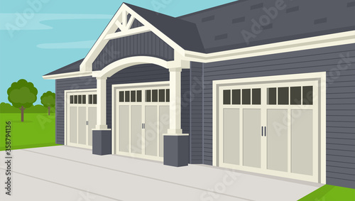 American styled wooden garage at ranch. Perspective view. Flat vector illustration.