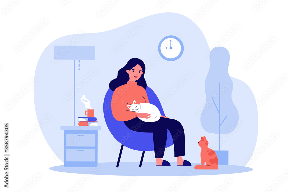 Fototapeta premium Woman with cats in cozy apartment. Happy girl relaxing in evening at home, drinking hot tea. Vector illustration for hygge, comfort, pets, house concept
