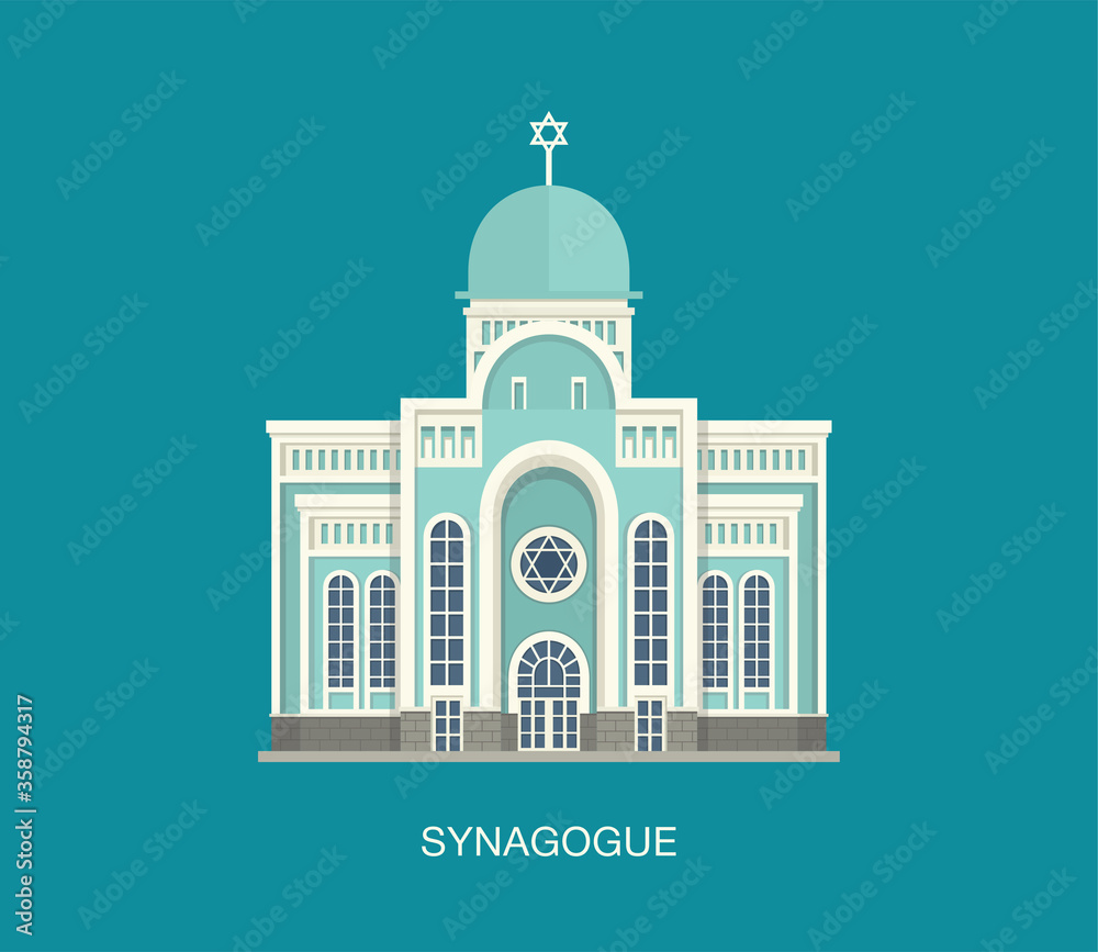 Jewish synagogue template. Flat vector illustration for religious design. Architecture of temple.