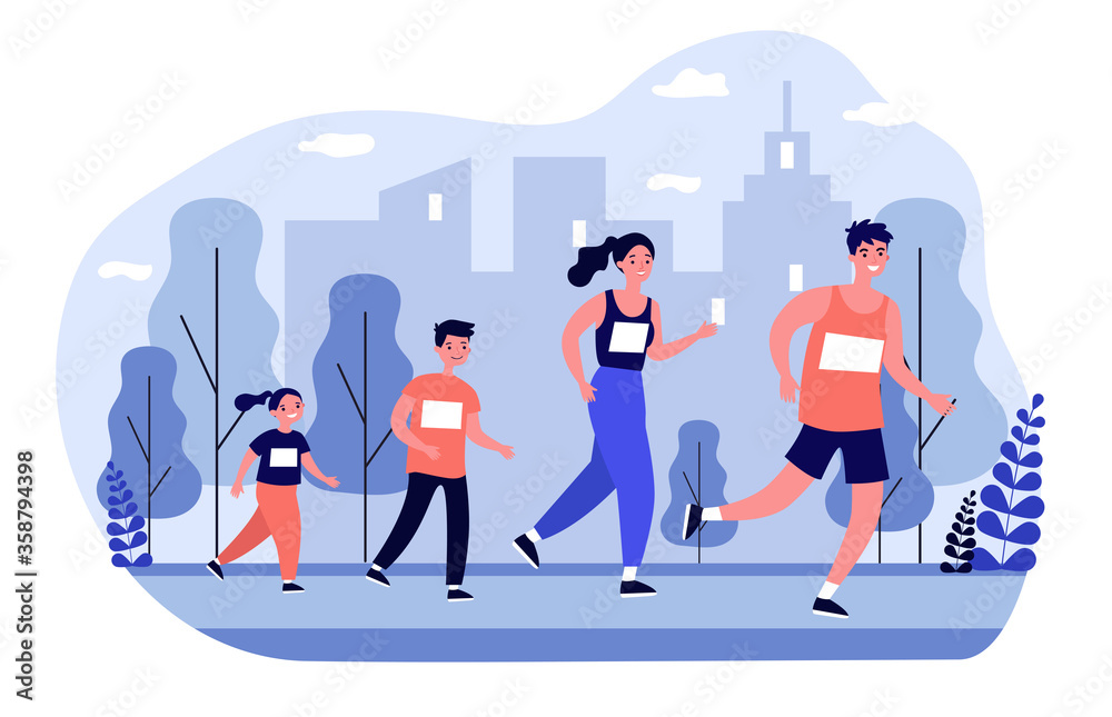 Family jogging in city park. Parents and kids running marathon. illustration for lifestyle, outdoor activity, sport, leisure, fitness concept Family jogging in city park. Parents and kids running marathon. illustration for lifestyle, outdoor activity, sport, leisure, fitness concept