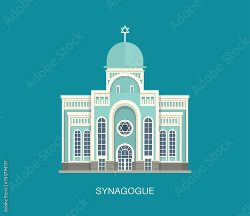 Jewish synagogue template. Flat vector illustration for religious design. Architecture of temple.