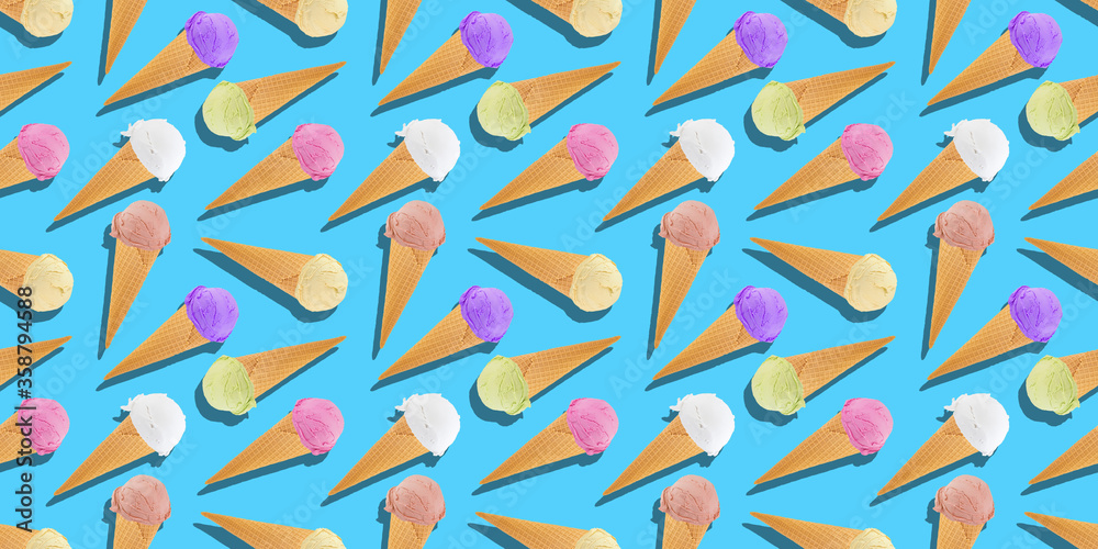 ice cream pattern on pastel blue background. Top view, flat lay. Seamless ice cream pattern on pastel blue background. Top view, flat lay. Seamless