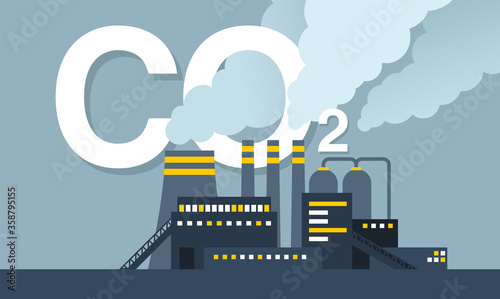CO2 emissions illustration - harmful air carbon contamination emblem with industrial smoking pipes of factory  - isolated vector sign