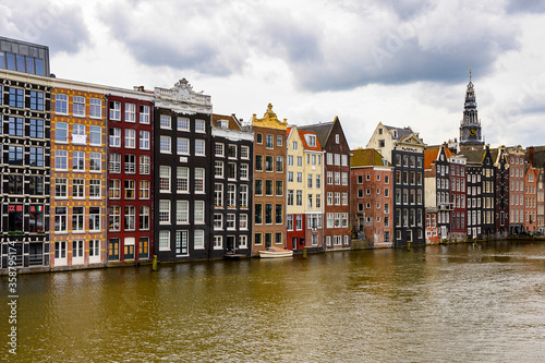 It's Architecture of Damrak street of Amsterdam, Netherlands.