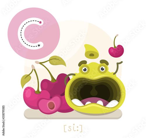 Learning the English alphabet. Funny cartoon character with cherry and letter. The way to write a letter with transcription. Vector illustration