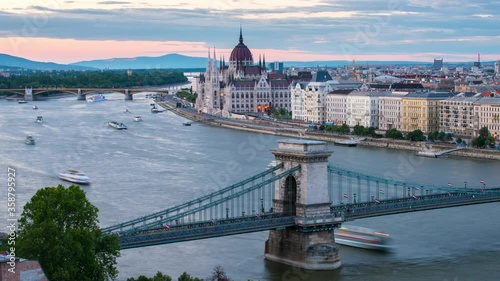 Time lapse with amazing view of Budapest with Parliament building, Chain bridge and Danube river at sunset.