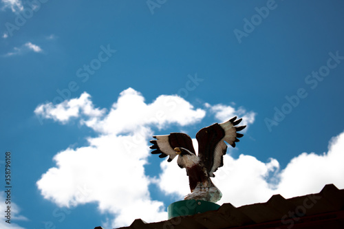 birb stateu sculpture in the blue sky  with white like paper cloud background photo