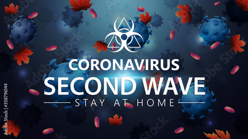 Coronavirus, second wave, stay at home, blue banner with coronavirus molecules and autumn leaf fall on background. COVID-19, second wave concept. Coronavirus 2019-nCoV.