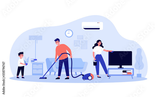 Happy family cleaning house together. Mother, father and son doing household work in their apartment. Vector illustration for housekeeping, home, domestic work, hygiene concept