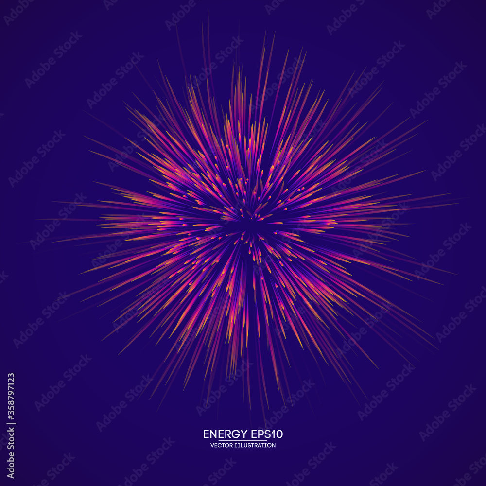 Energy light explosion vector illustration. Bright vector abstract background. Orange power backdrop design. Digital line color sun art with ray. Space wallpaper lines eps10.