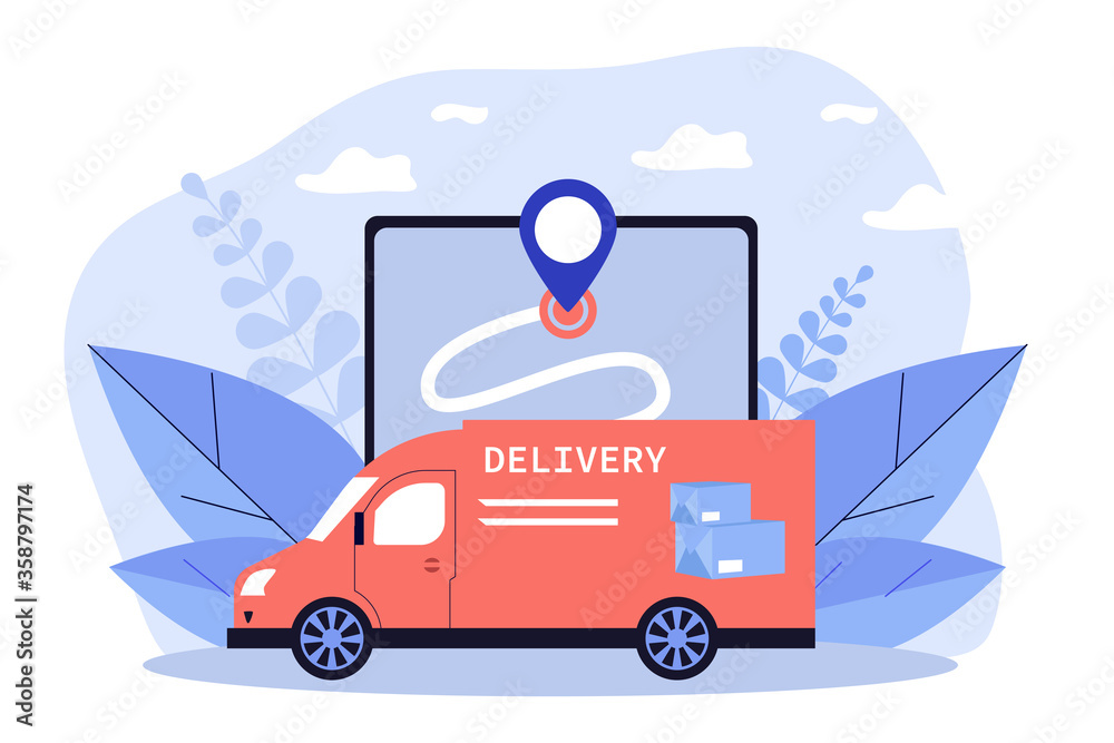 Express van delivering parcel, box or package. Map, GPS, vehicle flat vector illustration. Delivery service and logistics concept for banner, website design or landing web page Express van delivering parcel, box or package. Map, GPS, vehicle flat vector illustration. Delivery service and logistics concept for banner, website design or landing web page