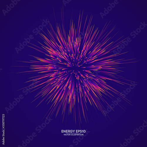Energy light explosion vector illustration. Bright vector abstract background. Orange power backdrop design. Digital line color sun art with ray. Space wallpaper lines eps10.