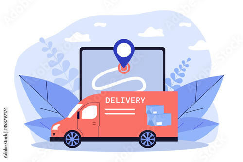 Express van delivering parcel, box or package. Map, GPS, vehicle flat vector illustration. Delivery service and logistics concept for banner, website design or landing web page