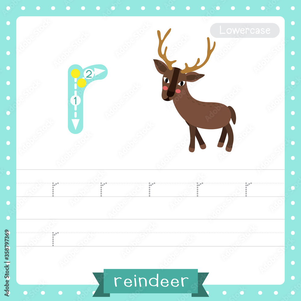 Letter R lowercase tracing practice worksheet of Standing Reindeer