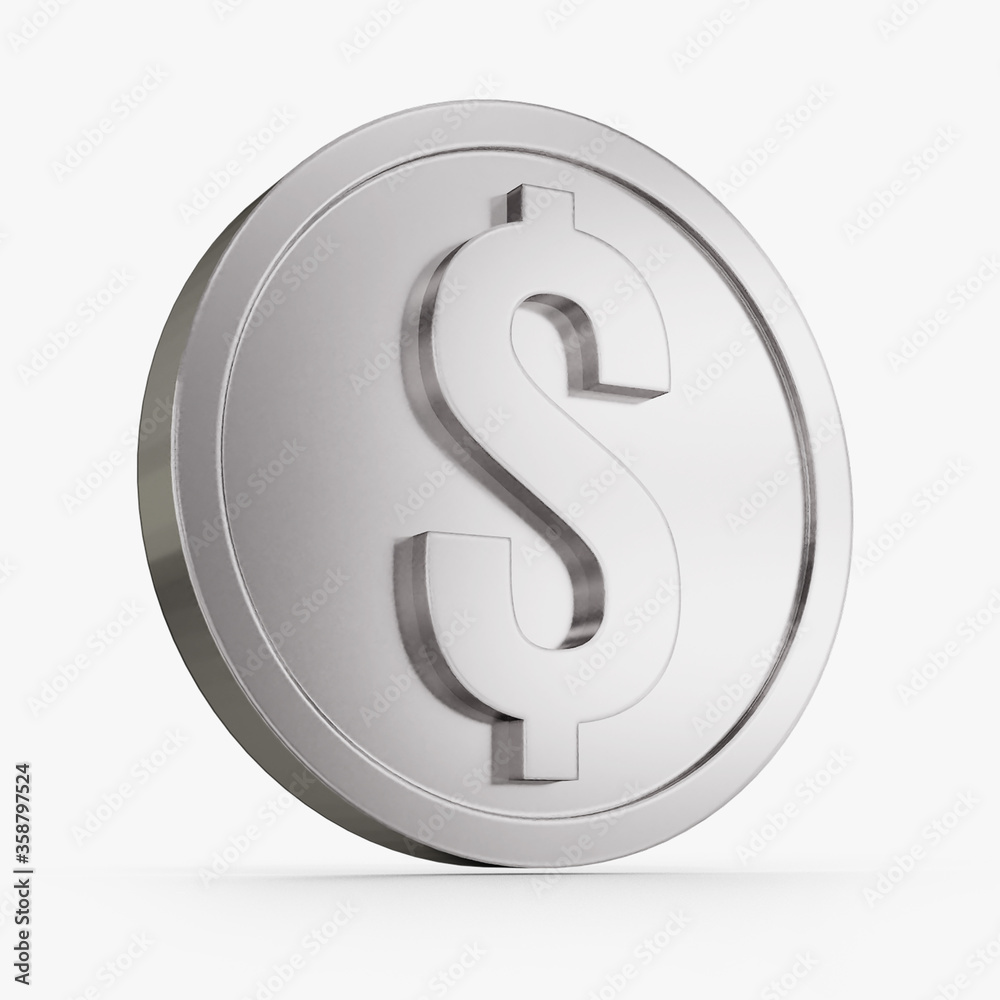 USD icon silver coin color 3D currency symbols, currency icon left view USD icon silver coin color 3D currency symbols, currency icon left view