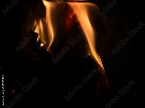 Close up shot of firewood burning in a fireplace-texture or background, abstract