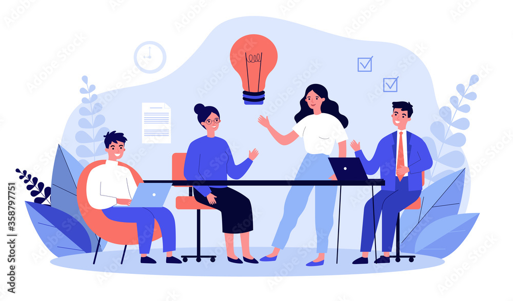 Business team working together, brainstorming, discussing ideas for project. People meeting at desk in office. illustration for co-working, teamwork, workspace concept - obrazy, fototapety, plakaty 
