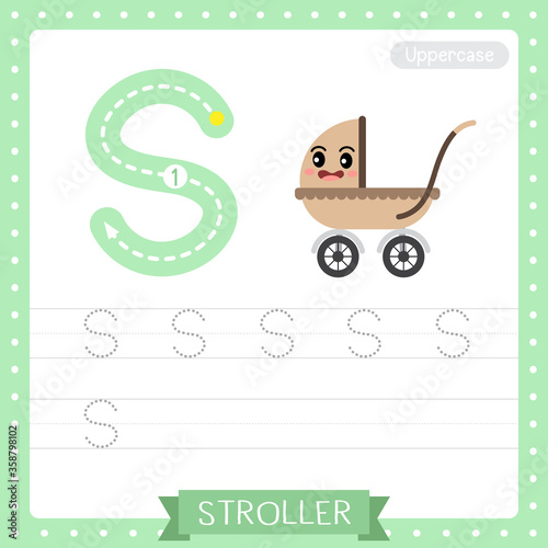 Letter S uppercase tracing practice worksheet of Stroller