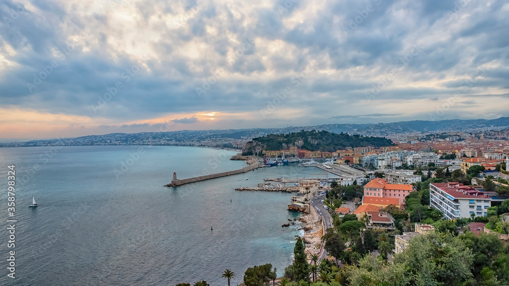 The city of Nice at sunset on the French Riviera