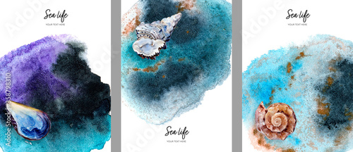 Photography Invitation design template seashell watercolor hand drawn illustration on splash background texture