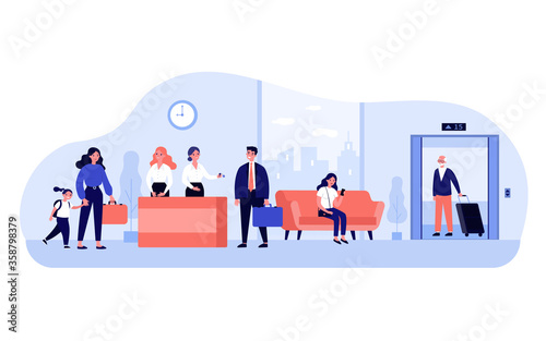 Tourists in hotel lobby. Business people standing at reception desk of office building. Receptionists working at check in counter and welcoming guests
