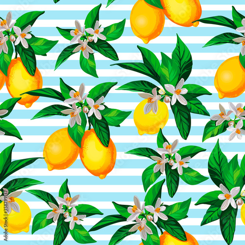 Seamless citrus vector pattern on striped background. Hand drawn illustration with lemons.