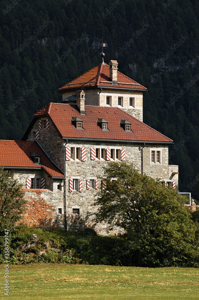 Ancient Castle Crap da Sass, on the coast of the Silvaplana Lake (Silvaplanersee), Silvaplana village, Saint Moritz. Engadin valley, Graubunden canton, Maloja region, Switzerland, Europe
