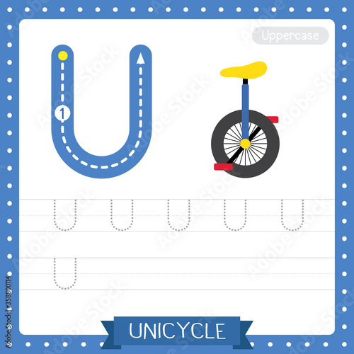 Letter U uppercase tracing practice worksheet of Unicycle