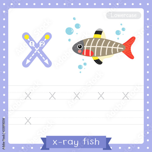 Letter X lowercase tracing practice worksheet of X-ray Fish