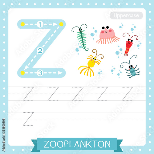 Letter Z uppercase tracing practice worksheet of Zooplankton