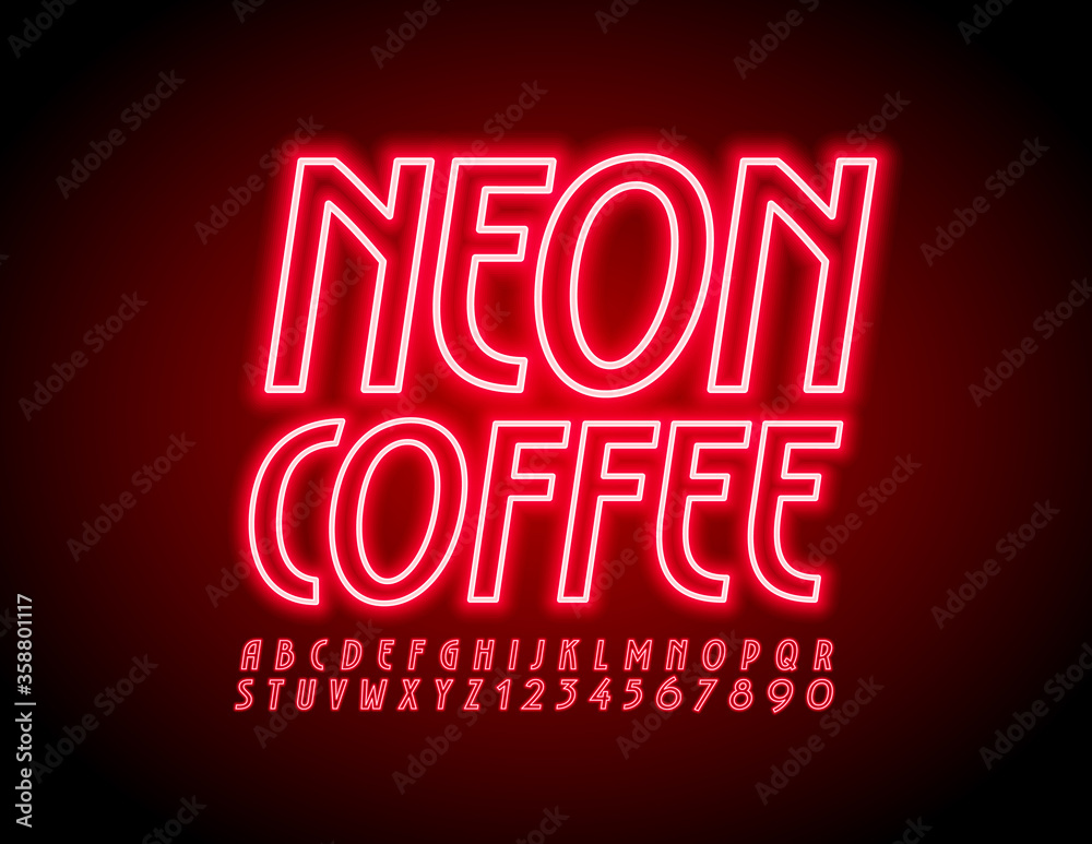 Vector Red emblem Neon Coffee with Glowing light Font. Electric elegant Alphabet Letters and Numbers Vector Red emblem Neon Coffee with Glowing light Font. Electric elegant Alphabet Letters and Numbers