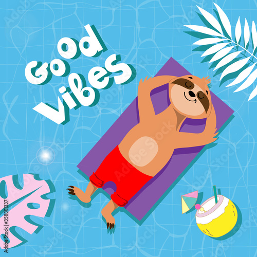 Funny summer illustration with sloth on an air mattress  in the pool. Concept summer, vacation and beachr, vacation, beach