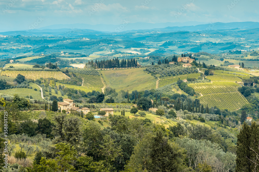 Tuscan countryside with rolling hills, vineyards and farmhouses seen from a medieval hill town of San Gimignano, Province of Siena, Tuscany, Italy.