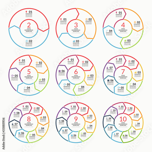 Set of infographic circle templates. Simple concept banners with 2, 3, 4, 5, 6, 7, 8, 9, 10 steps, parts, options