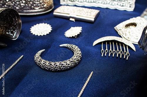 Collection of handcrafted hand made antique traditional silver jewelry in Thailand