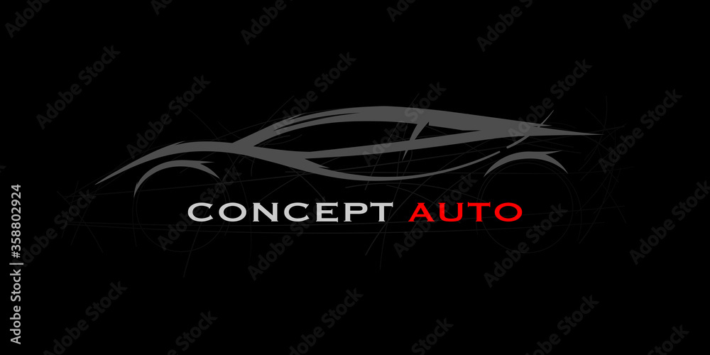 Concept auto sports car silhouette. Supercar showroom emblem. Performance motor vehicle dealership logo style design. Vector illustration.