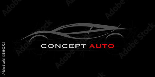 Concept auto sports car silhouette. Supercar showroom emblem. Performance motor vehicle dealership logo style design. Vector illustration.