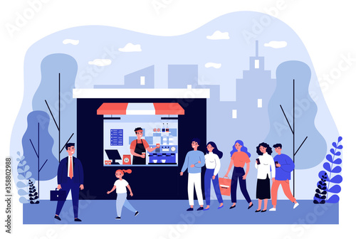 People buying takeaway coffee. Queue, street, morning flat vector illustration. Hot beverage and drink concept for banner, website design or landing web page
