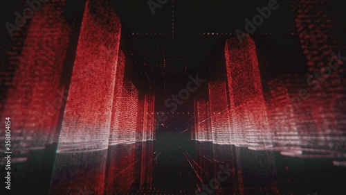 Flying through neon digital model of abstract modern business city made of symbols and grids in bright red and white color on black background. Business, connections and digital technology concept. 3d