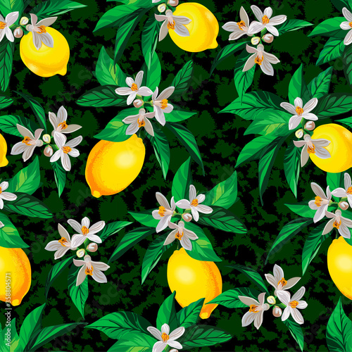 Seamless citrus pattern with palm leves.Hand drawn vector illustration with lemons.Template for print, textile,wallpaper cover and box design.