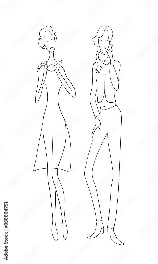 Two fashion women. Drawing outline model set. Two fashion women. Drawing outline model set.