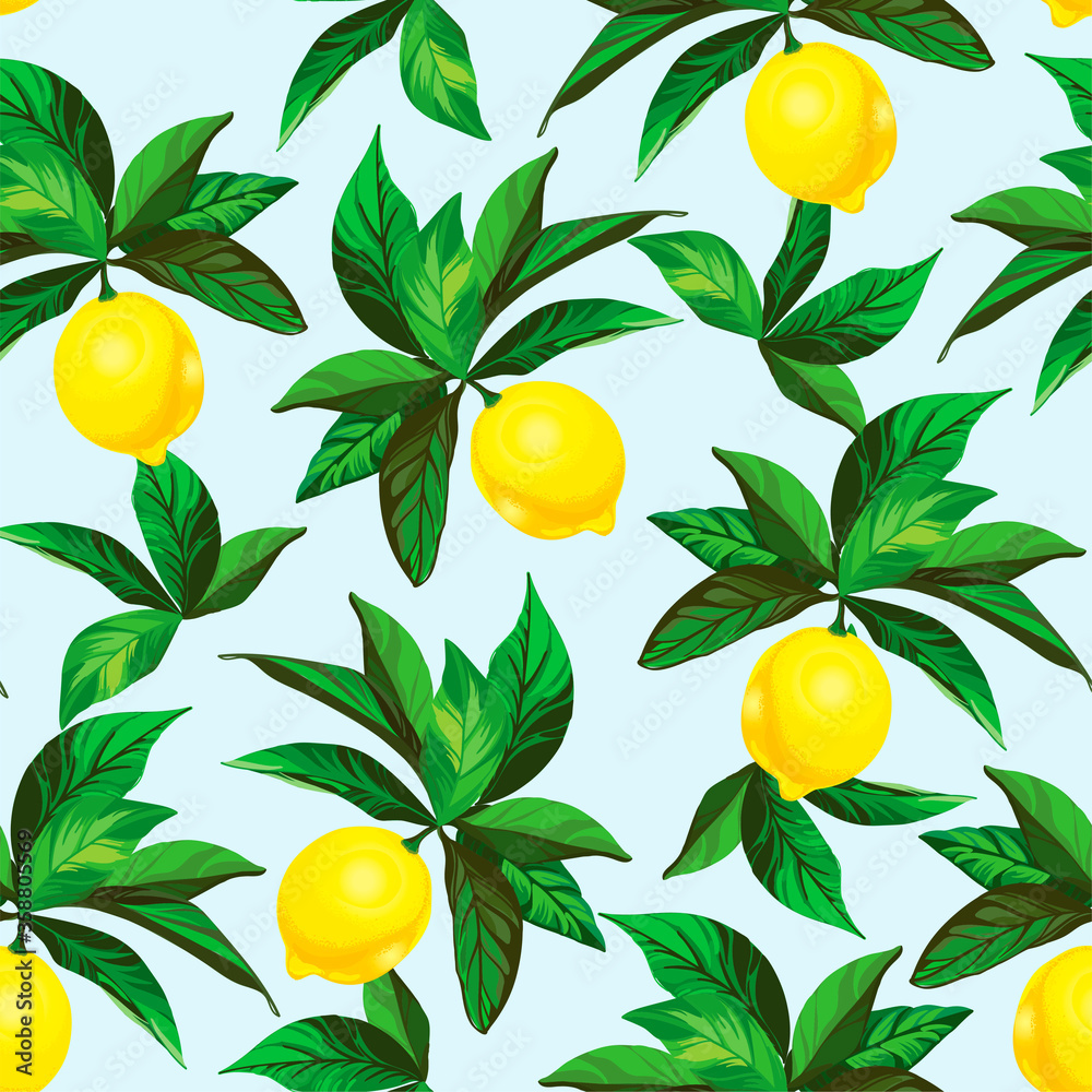 Seamless citrus pattern with palm leves.Hand drawn vector illustration with lemons.Template for print, textile,wallpaper cover and box design. Seamless citrus pattern with palm leves.Hand drawn vector illustration with lemons.Template for print, textile,wallpaper cover and box design.