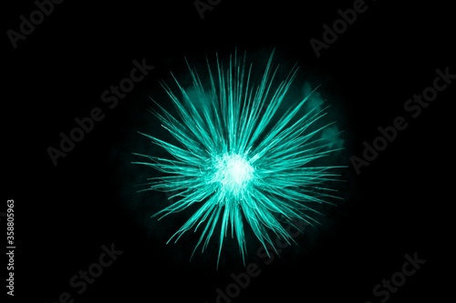 Beautiful turquoise big bang science object with glowing core. Scientific artificial scene in microcosm or macrocosm show e.g. dangerous virus or explosion birth of star in cosmos. Dark background